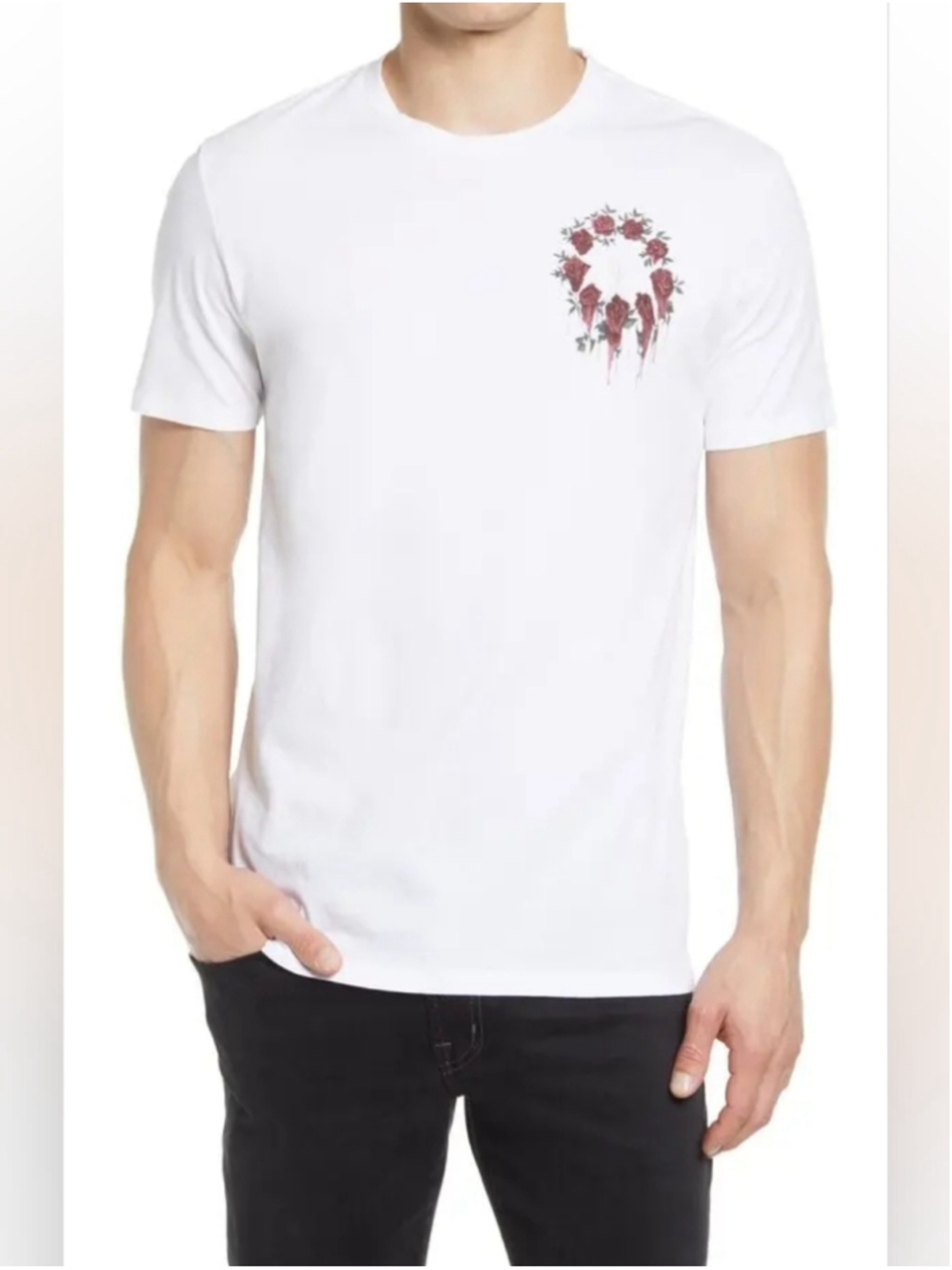 All Saints White Short Sleeve Tee with Red Rose Wreath Size L BNWT